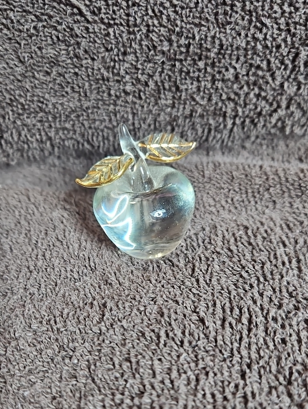 Glass Apple Gold Leaves Paperweight - Clear